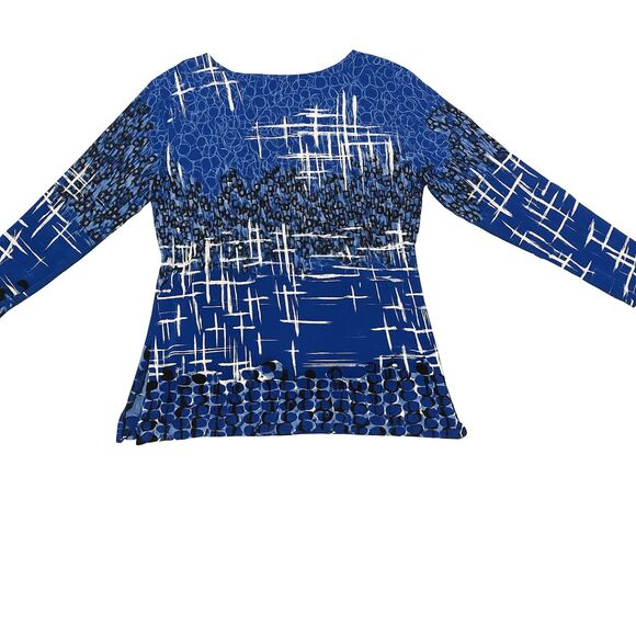 Chico’s Travelers Top L Blue White Abstract Prnt VNeck 3/4 Slve Business Casual - Picture 5 of 5